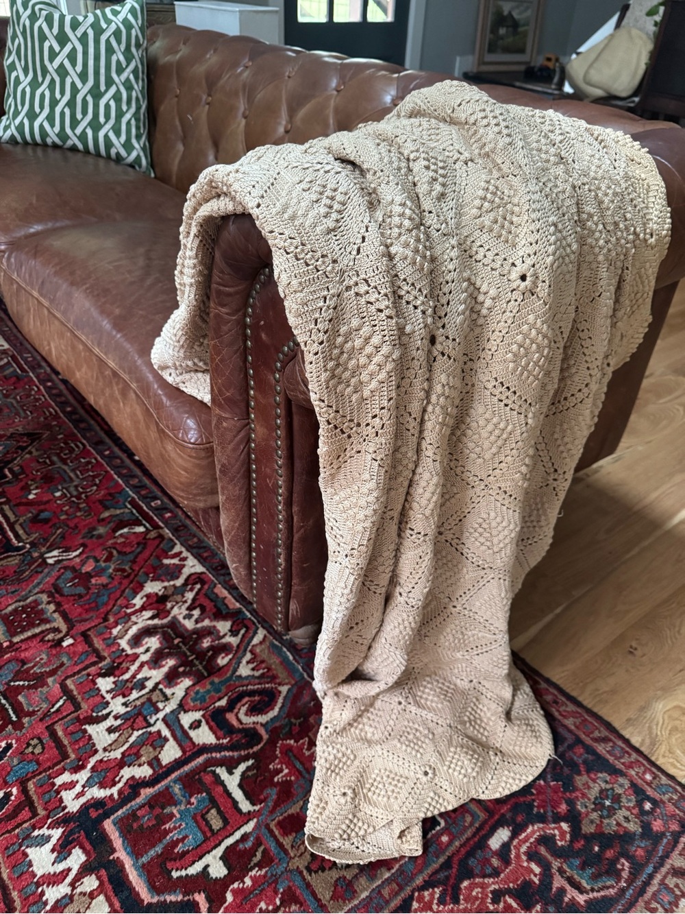 Beige antique  vintage handmadeCrochet Throw Blanket - large queen Neutral Throw